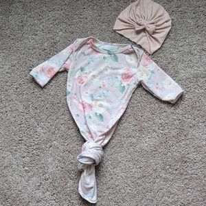 Floral Pink Newborn Knotted Gown with Bunny Knots Turban